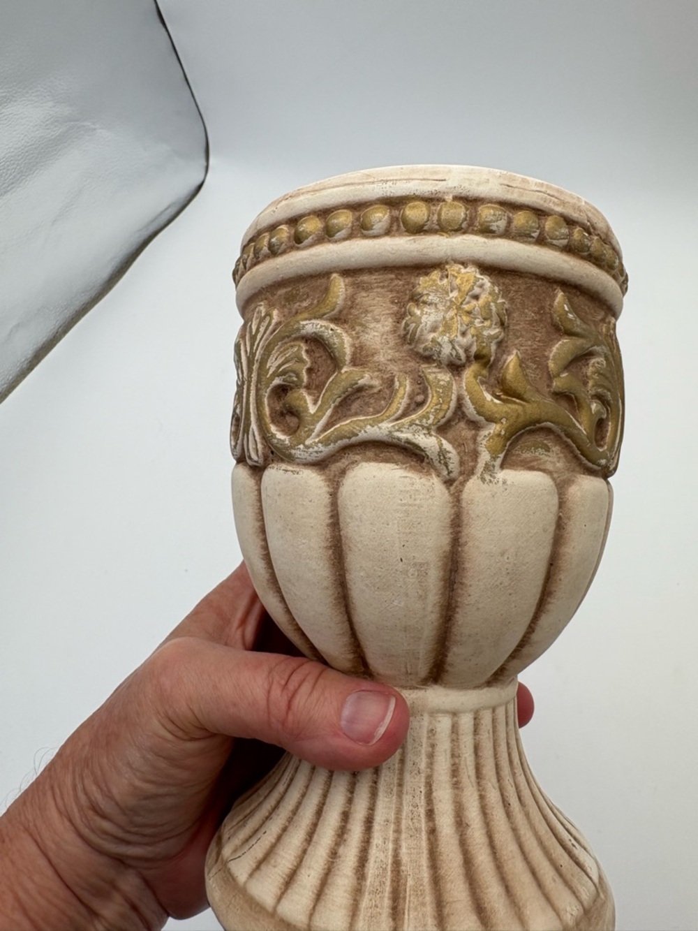 Vintage Grecian Style Cream and Golden Brown Ceramic Pedestal Vase or Planter - Picture 8 of 14